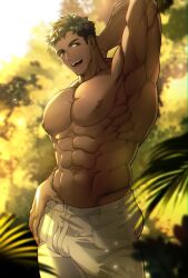 Rule 34 | 1boy, abs, armpits, bara, black hair, bulge, check copyright, copyright request, dark-skinned male, dark skin, erection, erection under clothes, feet out of frame, forest, large pectorals, looking to the side, male focus, min (bellta), muscular, muscular male, nature, navel, nipples, original, pectorals, presenting armpit, short hair, sideways glance, solo, sunlight, topless male