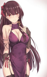 Rule 34 | 1girl, alternate costume, arm at side, bare shoulders, black thighhighs, blunt bangs, blush, breasts, bridal gauntlets, brown hair, china dress, chinese clothes, cleavage, cleavage cutout, closed mouth, clothing cutout, dress, eyes visible through hair, floral print, garter straps, girls&#039; frontline, groin, hair over shoulder, hair ribbon, half updo, hand up, head tilt, highres, large breasts, long hair, looking at viewer, one side up, purple dress, purple hair, red eyes, red ribbon, ribbon, side-tie costume, side slit, sideboob, sidelocks, simple background, smile, solo, standing, thighhighs, thighs, tress ribbon, very long hair, wa2000 (girls&#039; frontline), yellow ribbon, zhishi ge fangzhang