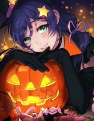 Rule 34 | 10s, 1girl, black gloves, candy, capelet, choker, commentary request, dancing stars on me!, elbow gloves, elbows on table, food, gloves, green eyes, grin, hair ornament, hair ribbon, hairpin, halloween, hat, jack-o&#039;-lantern, long hair, looking at viewer, love live!, love live! school idol project, pink ribbon, purple hair, ribbon, smile, solo, star (symbol), star hair ornament, tajo05, tojo nozomi, twintails, upper body, witch hat