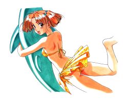 Rule 34 | 1990s (style), 1girl, ass, barefoot, bikini, blush, breasts, brown eyes, brown hair, hair bobbles, hair ornament, inflatable dolphin, inflatable toy, kai tomohisa, looking at viewer, looking back, medium breasts, nagakura emiru, non-web source, hugging object, official art, open mouth, retro artstyle, sarong, sentimental graffiti, short hair, side-tie bikini bottom, solo, swimsuit, twintails, yellow bikini