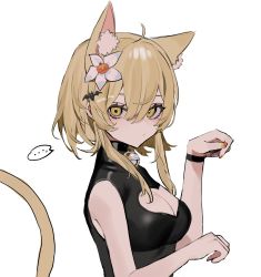 Rule 34 | ..., 1girl, absurdres, animal ears, bare shoulders, bebe (bebe pp), bell, blonde hair, breasts, cat ears, cat tail, cleavage, cleavage cutout, clothing cutout, eyelashes, female focus, flower, genshin impact, hair flower, hair ornament, half-closed eyes, highres, jingle bell, looking at viewer, lumine (genshin impact), medium breasts, paw pose, pumpkin, simple background, sleeveless, solo, tail, thought bubble, upper body, white background, wristband, yellow eyes