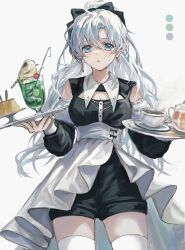 Rule 34 | 1girl, absurdres, bird, blue eyes, cherry, cleavage cutout, clothing cutout, coffee cup, color guide, cup, detached sleeves, disposable cup, earrings, food, fruit, high-waist skirt, highres, holding, holding tray, ice, ice cube, jewelry, long hair, long sleeves, muu (muu shiromiya), original, pudding, puffy sleeves, shorts, skirt, solo, spoon, steam, sweat, teapot, thighhighs, tray, white hair