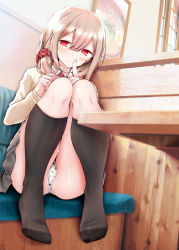 Rule 34 | 1girl, beige cardigan, black socks, blonde hair, blush, cardigan, collared shirt, feet, fine fabric emphasis, finger to mouth, grey skirt, hair between eyes, hair ornament, hair scrunchie, heart, index finger raised, indoors, kneehighs, long hair, looking at viewer, low twintails, mole, mole under eye, oouso, original, panties, parted lips, red eyes, red neckwear, scrunchie, shirt, shushing, sidelocks, sitting, skirt, smile, socks, solo, sweatdrop, thighs, twintails, underwear, white shirt
