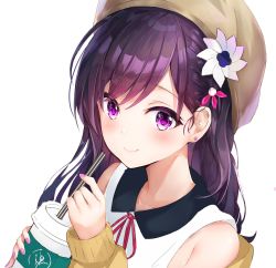 Rule 34 | 1girl, brown hat, cardigan, cup, dana (hapong07), drinking straw, earrings, fingernails, flower, hair flower, hair ornament, hat, highres, holding, holding cup, jewelry, long hair, looking at viewer, nail polish, neck ribbon, off shoulder, open cardigan, open clothes, original, pink ribbon, purple eyes, purple hair, purple nails, ribbon, shirt, sidelocks, simple background, sleeveless, sleeveless shirt, smile, solo, stud earrings, wavy hair, white background