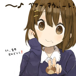 Rule 34 | 1girl, brown eyes, brown hair, checkerboard cookie, cookie, food, food on face, hirasawa yui, k-on!, looking at viewer, musical note, nasuna, short hair, simple background, smile, solo, upper body, white background