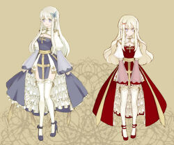 Rule 34 | 2girls, arch bishop (ragnarok online), blonde hair, blue butterfly, blue dress, blue eyes, blue footwear, breasts, bug, butterfly, butterfly hair ornament, cleavage, cleavage cutout, closed mouth, clothing cutout, commentary, cross, dress, expressionless, flat chest, frilled thighhighs, frills, full body, hair between eyes, hair ornament, high heels, insect, juliet sleeves, kusabi (aighe), long bangs, long hair, long sleeves, looking at viewer, medium breasts, multiple girls, open mouth, pelvic curtain, petticoat, pointy ears, puffy sleeves, ragnarok online, red dress, red footwear, sash, smile, standing, symbol-only commentary, thighhighs, two-tone dress, white dress, white hair, white thighhighs, x hair ornament, yellow sash
