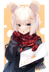 Rule 34 | 1girl, 2020, animal ears, aqua eyes, black serafuku, black shirt, blouse, blush stickers, cardigan, cheese, cheese hair ornament, chestnut mouth, commentary request, food, food-themed hair ornament, hair ornament, highres, letter, looking at viewer, meth (emethmeth), mittens, mouse ears, mouse girl, neckerchief, nengajou, new year, orange background, original, plaid mittens, platinum blonde hair, red mittens, red neckerchief, red scarf, scarf, school uniform, serafuku, shirt, short hair, signature, solo, teeth, thick eyebrows, upper body, upper teeth only, white background