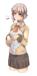 Rule 34 | 1girl, 2016, blazer, blush, breast cutout, choker, dated, hands up, high collar, highres, jacket, long sleeves, looking at viewer, neckerchief, original, pink hair, pleated skirt, short hair, sigama, simple background, skirt, solo, white background, yellow eyes