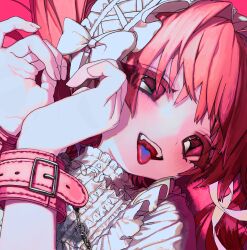 Rule 34 | 1girl, absurdres, bow, chain, commentary request, fangs, hair intakes, hairband, hands up, heart, heart hands, highres, lolita hairband, long hair, looking at viewer, maid headdress, numata zombie, open mouth, original, pink eyes, pink hair, portrait, ribbon, shirt, smile, solo, teeth, tongue, tongue out, upper teeth only, white bow, white ribbon, white shirt, wrist belt