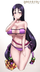 Rule 34 | 1girl, artist logo, artist name, beads, bikini, black hair, blush, breasts, collarbone, commentary, cowfee, cropped legs, cube hair ornament, english commentary, eyepatch bikini, fate/grand order, fate (series), gradient background, hair ornament, hand on own cheek, hand on own face, highres, large breasts, long hair, looking at viewer, low-tied long hair, minamoto no raikou (fate), minamoto no raikou (fate/grand order), minamoto no raikou (swimsuit lancer) (fate), navel, purple bikini, purple eyes, side-tie bikini bottom, simple background, smile, solo, stomach, swimsuit, thighs, very long hair