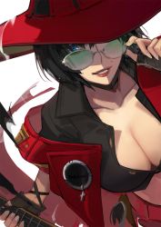 Rule 34 | 1girl, adjusting eyewear, adjusting glasses, black choker, black gloves, black hair, blue eyes, breasts, choker, cleavage, fingerless gloves, fingernails, glasses, gloves, green-tinted eyewear, green-tinted glasses, guilty gear, guilty gear strive, guitr, hat, hat over one eye, highres, holding, holding instrument, i-no, ian olympia, instrument, jacket, large breasts, lips, looking at viewer, looking over eyewear, looking over glasses, midriff, mole, mole above mouth, one eye covered, partially unbuttoned, red jacket, rimless eyewear, short hair, solo, sunglasses, tinted eyewear, upper body, witch hat
