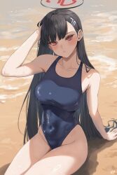 Rule 34 | 1girl, :o, black hair, black halo, blue archive, blue one-piece swimsuit, blunt bangs, blush, breasts, bright pupils, collarbone, covered navel, hair ornament, hairclip, hairpin, halo, hand in own hair, highres, large breasts, long hair, looking at viewer, one-piece swimsuit, outdoors, parted lips, red eyes, rio (blue archive), ryudraw, sand, signature, sitting, solo, swimsuit, thighs, water, wet, white pupils