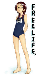 Rule 34 | 1girl, arms behind back, barefoot, english text, feet, flat chest, glasses, hamao, legs, one-piece swimsuit, original, school swimsuit, solo, swimsuit