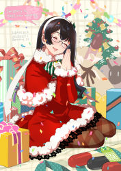 Rule 34 | 1girl, animal, banned artist, black-framed eyewear, black hair, box, brown pantyhose, capelet, christmas, christmas ornaments, christmas tree, closed eyes, dated, english text, gift, gift box, glasses, hair between eyes, hairband, highres, kantai collection, long hair, long sleeves, nacht (nacht 01), ooyodo (kancolle), open mouth, pantyhose, red capelet, sack, santa costume, semi-rimless eyewear, sheep, smile, solo, speech bubble, torpedo, twitter username, white hairband