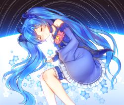 Rule 34 | 1girl, blue hair, closed eyes, dress, fingerless gloves, gamathx, gloves, hatsune miku, highres, long hair, sleeping, solo, star (sky), star (symbol), twintails, very long hair, vocaloid, yuki miku