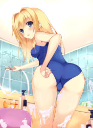 Rule 34 | 1girl, adjusting clothes, adjusting swimsuit, bathroom, blonde hair, blue eyes, blue one-piece swimsuit, cameltoe, chitose sana, from behind, hatsu (first snow), indoors, long hair, looking at viewer, one-piece swimsuit, school swimsuit, solo, swimsuit, tenshinranman