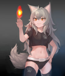 Rule 34 | 1girl, :3, animal ears, black panties, black thighhighs, crop top, echidna wars dx, fang, fang out, fire, grey hair, hand on own hip, highres, long hair, midriff, myomu, navel, panties, paw print, sachiho, stomach, tail, thighhighs, underwear, wolf ears, wolf tail
