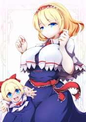 Rule 34 | 2girls, :d, alice margatroid, blonde hair, blue dress, blue eyes, bow, breasts, capelet, closed mouth, cowboy shot, dollyspica, dress, hair bow, hairband, highres, large breasts, lolita hairband, long hair, looking at viewer, multiple girls, open mouth, red bow, red hairband, shanghai doll, short hair, smile, standing, touhou, white background, white capelet