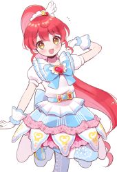 Rule 34 | 1girl, :d, blue bow, bow, cowboy shot, dress, frilled dress, frills, gloves, hand up, highres, hoshikuzu (pinkholic), idol clothes, layered dress, long hair, looking at viewer, open mouth, ponytail, pretty series, pripara, puffy short sleeves, puffy sleeves, red hair, shiratama mikan, short sleeves, sidelocks, simple background, smile, solo, standing, standing on one leg, very long hair, white background, white dress, white gloves, yellow eyes