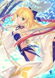 Rule 34 | 1girl, ahoge, artoria caster (fate), artoria caster (swimsuit) (fate), artoria caster (swimsuit) (third ascension) (fate), artoria pendragon (fate), ass, bare shoulders, blonde hair, blue bow, blue ribbon, bow, breasts, closed mouth, diamond (shape), fate/grand order, fate (series), green eyes, hair bow, long hair, looking at viewer, official art, ribbon, small breasts, smile, swimsuit, takeuchi takashi, twintails, very long hair, water