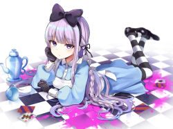 Rule 34 | 1girl, alternate costume, apron, bad id, bad pixiv id, black bow, black gloves, black pantyhose, black ribbon, blood, blue dress, bow, braid, breasts, card, commentary request, cup, danganronpa: trigger happy havoc, danganronpa (series), dress, ench0, frown, gloves, hair bow, hair ribbon, highres, kirigiri kyoko, long hair, looking at viewer, lying, medium breasts, necktie, on stomach, pantyhose, pink blood, playing card, purple eyes, purple hair, ribbon, solo, striped clothes, striped pantyhose, teacup, white apron, white pantyhose