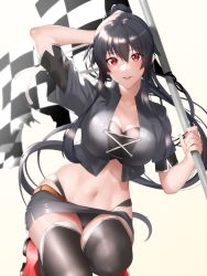 Rule 34 | 1girl, bad anatomy, bad leg, black hair, black jacket, black thighhighs, blush, breasts, checkered flag, collarbone, flag, hair between eyes, highres, holding, holding flag, jacket, kantai collection, large breasts, long hair, navel, open clothes, open jacket, open mouth, ponytail, race queen, red eyes, short sleeves, simple background, solo, thighhighs, white background, yahagi (kancolle), z (knkr1025)