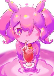 Rule 34 | 1girl, colored skin, food, fruit, highres, looking at viewer, monster girl, motinmanzyu, one eye closed, pink eyes, pink hair, pink skin, slime girl, smoothie, solo, strawberry