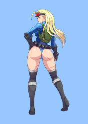 Rule 34 | 1girl, absurdres, ahoge, alternate costume, alternate hair length, alternate hairstyle, ass, backpack, bag, bare legs, belt, black thighhighs, blonde hair, blue background, blue eyes, blue leotard, boots, cameltoe, cammy white, capcom, cirenk, commission, curvy, facial scar, from behind, full body, gloves, grin, hair down, hand on own hip, hat, highleg, highleg leotard, highres, huge ahoge, huge ass, legs, leotard, long hair, red-tinted eyewear, scar, scar on cheek, scar on face, scared on ass, shiny skin, smile, solo, standing, street fighter, street fighter v, sunglasses, sunglasses on head, thighhighs, thighs, thong leotard, tinted eyewear