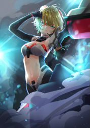 Rule 34 | 1girl, absurdres, acchun, amputee, armor, bare shoulders, black bodysuit, black gloves, blonde hair, blue eyes, bodysuit, breastplate, breasts, cleavage, clenched teeth, clothing cutout, collar, commentary request, crack, cracked glass, dust cloud, earpiece, elbow gloves, electricity, glint, gloves, hand on own head, headpiece, highres, lights, looking at viewer, mecha musume, mechanical wings, medium breasts, missing limb, navel, navel cutout, original, parted lips, red-tinted eyewear, scouter, short hair, sidelocks, solo, teeth, tinted eyewear, upper body, wings