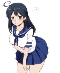 Rule 34 | 10s, 1girl, ahoge, black hair, blue skirt, blush, breasts, brown eyes, collarbone, flying sweatdrops, hagane soushi, kantai collection, large breasts, leaning forward, long hair, looking at viewer, pleated skirt, school uniform, serafuku, short sleeves, simple background, skirt, solo, thighs, ushio (kancolle), wavy mouth, white background