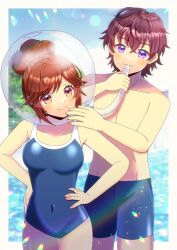 Rule 34 | 1boy, 1girl, bare arms, bare shoulders, blue male swimwear, blue one-piece swimsuit, breasts, brown eyes, brown hair, closed mouth, collarbone, commentary request, commission, covered navel, day, hair between eyes, hair bun, hands on own hips, kou hiyoyo, male swimwear, medium breasts, one-piece swimsuit, original, outdoors, purple eyes, red hair, short hair, skeb commission, smile, standing, swim trunks, swimsuit, topless male, water