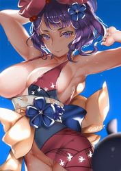 Rule 34 | 1girl, armpits, arms up, blue background, bow, breasts, fate/grand order, fate (series), flower, hair bow, hair flower, hair ornament, japanese clothes, katsushika hokusai (fate), kimono, large breasts, looking at viewer, medium hair, no bra, no panties, one breast out, purple eyes, purple hair, pussy, smile, solo, sweat, sweatdrop, uncensored, viola (seed)