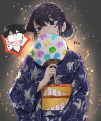 Rule 34 | 1girl, black eyes, black hair, blue kimono, festival, floral print, hair bun, hand fan, highres, japanese clothes, kimono, komi-san wa komyushou desu, komi shouko, looking at viewer, mitsugu, paper fan, summer festival, tadano hitohito, uchiwa, yukata