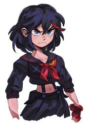 Rule 34 | 1girl, absurdres, black hair, black skirt, blue eyes, closed mouth, crop top, fingerless gloves, gloves, guggy (guirgaleo), highres, kill la kill, looking at viewer, matoi ryuuko, multicolored hair, navel, neckerchief, pleated skirt, red gloves, red hair, red neckerchief, short hair, simple background, skirt, solo, streaked hair, upper body, white background