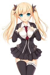 Rule 34 | 1girl, :o, black skirt, black thighhighs, blonde hair, blue eyes, garter straps, hands on own chest, highres, long hair, looking at viewer, necktie, official art, red necktie, shirahane nao, skirt, soccer spirits, solo, standing, thighhighs, transparent background, twintails, yuran (soccer spirits)