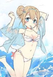 Rule 34 | arms up, back, bare shoulders, bikini, blue eyes, blue hairband, blue jacket, blush, breasts, cleavage, collarbone, day, frilled bikini, frills, girls&#039; frontline, hair between eyes, hair bun, hair ornament, hair tie, hairband, halterneck, jacket, jin young-in, light brown hair, looking at viewer, medium breasts, mouth hold, official alternate costume, open clothes, open jacket, outdoors, sandals, see-through, side bun, sidelocks, signature, single hair bun, single side bun, solo, standing, standing on one leg, starfish, striped clothes, striped footwear, suomi (girls&#039; frontline), suomi (midsummer pixie) (girls&#039; frontline), swimsuit, torn bikini, torn clothes, wardrobe malfunction, water, white bikini