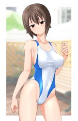 Rule 34 | 1girl, absurdres, bench, black eyes, blurry, blurry background, breasts, brown eyes, cameltoe, collarbone, commentary request, competition swimsuit, contrapposto, covered navel, cowboy shot, fence, girls und panzer, head out of frame, highleg, highleg swimsuit, highres, large breasts, looking at viewer, medium breasts, nishizumi maho, one-piece swimsuit, outside border, short hair, solo, swimsuit, takafumi, two-tone swimsuit, white one-piece swimsuit