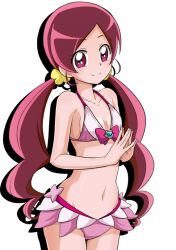 Rule 34 | 10s, 1girl, adapted costume, bikini, blush, bow, breasts, brooch, collarbone, hanasaki tsubomi, heartcatch precure!, jewelry, long hair, looking at viewer, matching hair/eyes, nita (onakatohoppe), pink eyes, pink hair, precure, simple background, small breasts, smile, solo, swimsuit, twintails