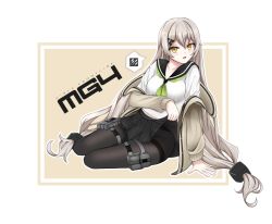 Rule 34 | 1girl, black pantyhose, black skirt, blonde hair, blush, breasts, brown eyes, character name, clothes lift, collarbone, copyright name, girls&#039; frontline, hair ornament, hairclip, hand on floor, highres, long hair, looking at viewer, low twintails, medium breasts, mg4 (girls&#039; frontline), mg4 (survival club) (girls&#039; frontline), official alternate costume, on floor, open mouth, paaam, pantyhose, school uniform, serafuku, shirt, simple background, skirt, skirt lift, solo, twintails, very long hair, white shirt