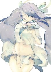 Rule 34 | 1girl, alternate costume, blue eyes, blue hair, cetus kkk, covering own mouth, crying, earrings, hair ribbon, hand on own chest, jewelry, looking away, ningyo hime (sinoalice), one eye closed, panties, ribbon, sad, school uniform, signature, sinoalice, sketch, solo, solo focus, tears, twintails, underwear