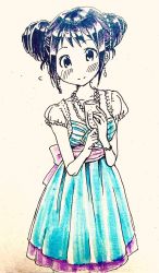 Rule 34 | 1girl, alternate hairstyle, aqua dress, artist request, black hair, blush, braid, brown eyes, collarbone, dress, earrings, female focus, formal, glass, happy, idolmaster, idolmaster cinderella girls, jewelry, long hair, looking at viewer, nakano yuka, namco, neck, necklace, pale color, short-sleeved dress, short sleeves, simple background, smile, standing, traditional media, twin braids, wristband