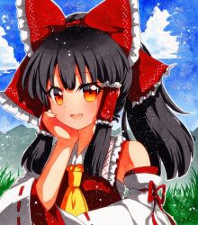 Rule 34 | 1girl, bad id, bad pixiv id, bare shoulders, black hair, blue sky, bow, cloud, collar, dress, grass, hair tubes, hakurei reimu, hand on own face, long sleeves, looking at viewer, mountain, multicolored eyes, open mouth, orange eyes, ponytail, qqqrinkappp, red bow, red dress, red eyes, shikishi, short hair, sky, sly, smile, solo, touhou, traditional media, white collar, white sleeves, yellow eyes, yellow neckwear