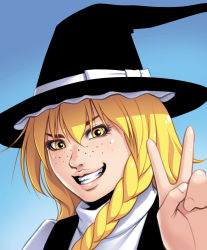 Rule 34 | 1girl, blonde hair, braid, female focus, freckles, grin, hat, kirisame marisa, long hair, simple background, smile, solo, touhou, tripleeight, v, witch, witch hat, yellow eyes
