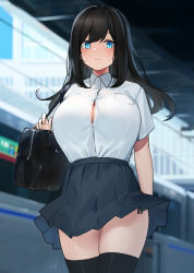 Rule 34 | 1girl, bag, black hair, black skirt, blue eyes, blurry, blurry background, blush, bookbag, breasts, button gap, closed mouth, collared shirt, cowboy shot, dress shirt, frown, hayabusa, highres, large breasts, legs together, long hair, looking at viewer, miniskirt, original, pleated skirt, school uniform, shirt, shirt tucked in, short sleeves, skirt, slit pupils, thighhighs, thighs, train station, white shirt