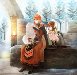 Rule 34 | 1boy, 1girl, animal, armor, breastplate, bridal gauntlets, brother and sister, brown eyes, brown hair, cape, cat, closed mouth, delthea (fire emblem), dress, fire emblem, fire emblem echoes: shadows of valentia, futabaaf, highres, holding, holding animal, holding cat, long hair, long sleeves, luthier (fire emblem), nintendo, orange hair, ponytail, robe, short dress, siblings, sitting, smile, squatting, tree