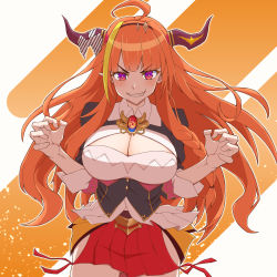 Rule 34 | 1girl, absurdres, ahoge, bow, braid, breasts, cleavage, cleavage cutout, clothing cutout, commentary request, dragon girl, dragon horns, highres, hololive, horn bow, horn ornament, horns, kiryu coco, kiryu coco (1st costume), large breasts, long hair, looking at viewer, orange hair, pointy ears, purple eyes, red skirt, semeto (a2439x), skirt, solo, striped, striped bow, virtual youtuber