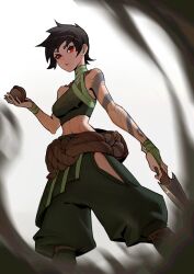 1girl akali arm_tattoo bare_shoulders bkgz192959 blurry blurry_foreground breasts cloud_tattoo crop_top feet_out_of_frame green_pants highres holding holding_knife knife league_of_legends medium_breasts midriff navel official_alternate_hairstyle pants puffy_pants red_eyes rope short_hair simple_background smoke solo standing tattoo white_background