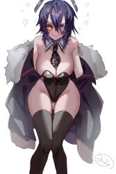 Rule 34 | 1girl, adapted costume, black jacket, black leotard, black necktie, black thighhighs, breasts, cleavage, detached collar, eyepatch, feet out of frame, fur-trimmed jacket, fur trim, headgear, highres, jacket, kantai collection, large breasts, leotard, mizoredama1, necktie, parted lips, purple hair, short hair, simple background, smile, solo, strapless, strapless leotard, tenryuu (kancolle), thighhighs, white background, yellow eyes