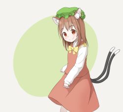 Rule 34 | 1girl, animal ear fluff, animal ears, bow, bowtie, brown eyes, brown hair, cat ears, cat tail, chen, dress, earrings, feet out of frame, gold trim, green background, hat, jewelry, keyakko, light blush, looking at viewer, medium hair, mob cap, multiple tails, nekomata, red dress, simple background, single earring, smile, solo, tail, touhou, two tails, yellow bow, yellow bowtie