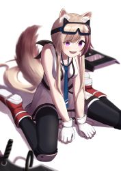 Rule 34 | 1girl, :d, absurdres, animal ears, arknights, black pantyhose, blue necktie, breasts, brown hair, cardigan (arknights), dog ears, dog girl, dog tail, dress, fangs, full body, goggles, goggles on head, highres, hiraya shiba, knee pads, long hair, medium breasts, multicolored hair, necktie, open mouth, pantyhose, purple eyes, red footwear, resolution mismatch, shield, sidelocks, simple background, sitting, sleeveless, sleeveless dress, smile, solo, source smaller, streaked hair, tail, wariza, white background, white dress